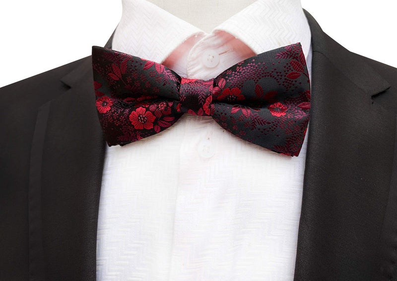 Secdtie Men's Children Burgundy Red Black Jacquard Woven Silk Bow Tie Pocket Square Set Formal Business Bowties - Image 4